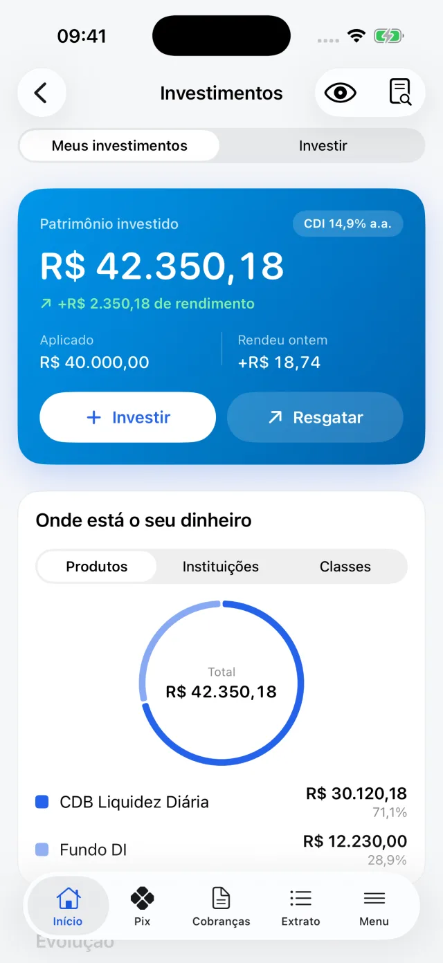 Investimentos no app: patrimônio investido, rendimento e onde está o dinheiro