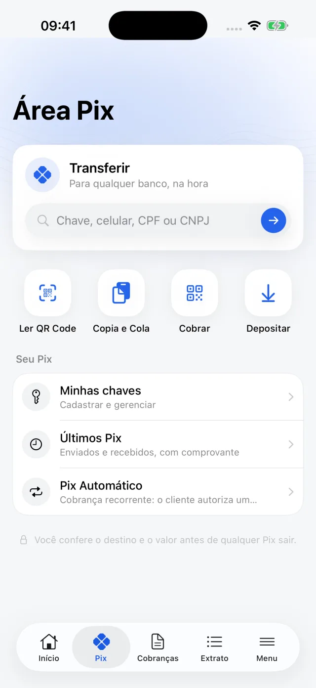 Área Pix do app: transferir, ler QR Code, copia e cola, cobrar e depositar
